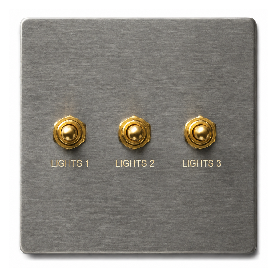 DasKlug 3 Gang Toggle — Brushed steel — brass toggle levers